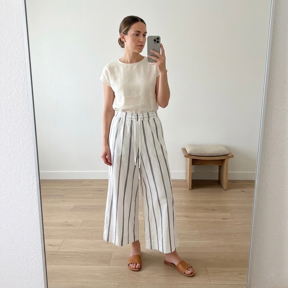 Toogood The Boxer Long 004 Striped Cotton Wide Leg Pants White Grey‎ Size 2